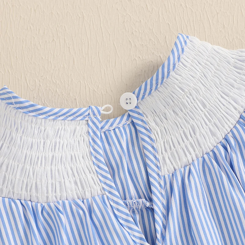 2025-02-21 Lioraitiin Baby Girls Romper Fly Sleeve Crew Neck Stripes Embroidery Stars Bow Infant Bodysuit 4th of July Clothing