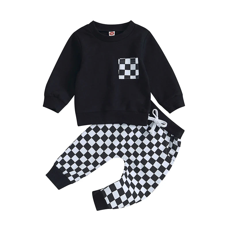 Lioraitiin 0-3Y Toddler Baby Boys Clothes Sets Long Sleeve Sweatshirt Tops and Checkerboard Print Drawstring Pants Tracksuit Set
