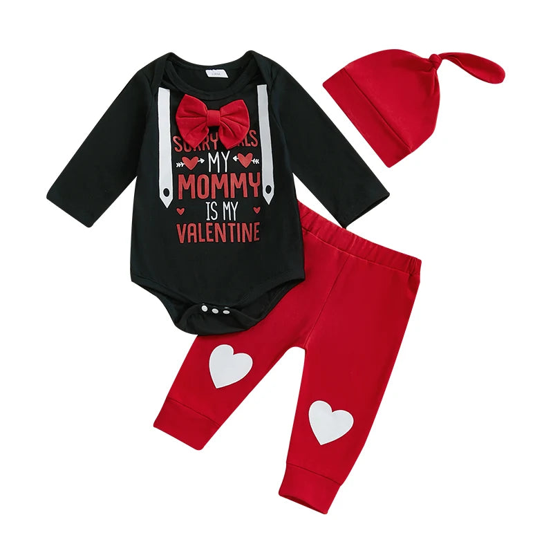 Valentine s Day Baby Boy 3-Piece Set Long Sleeve Romper Heart Pants and Hat with Letter Print Design