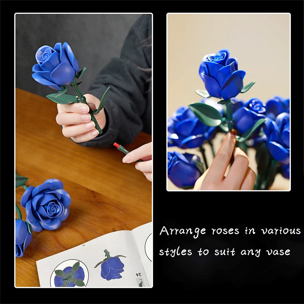 Elegant Blue Roses Bouquet Eternal Building Blocks 585 PCS Valentine's Day Girlfriend DIY Gift MOC Home Decor Ornaments Kids Toy