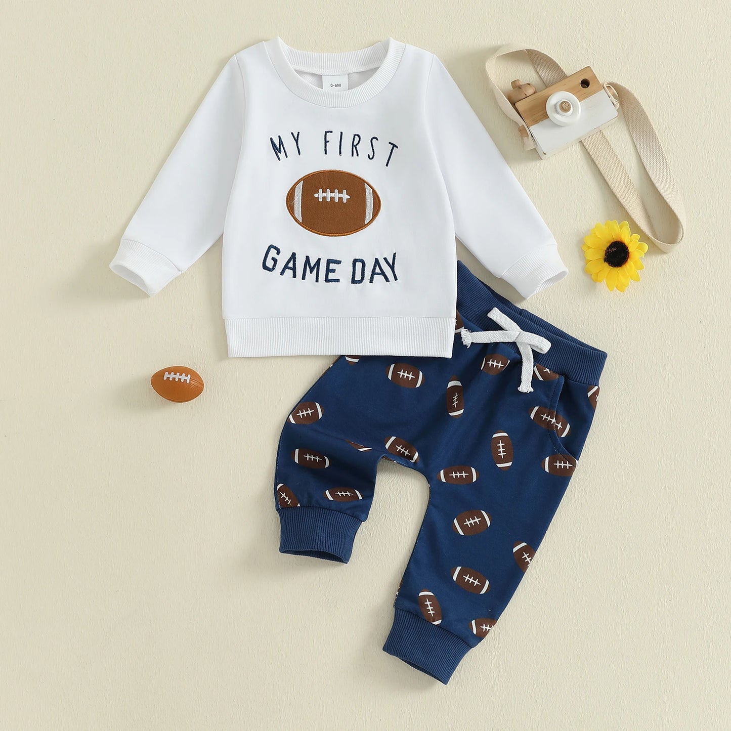 Baby Boy Autumn Clothes Set Letter Print Long Sleeve Round Neck Pullover Elastic Waist Football Pattern Pants 2 Piece Outfit