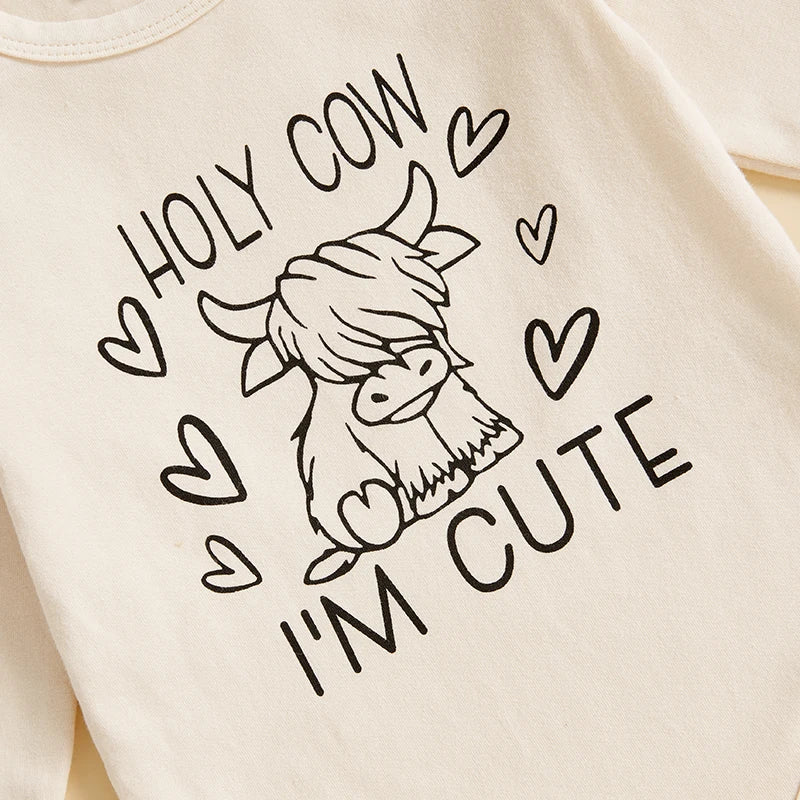 2024-10-23 Lioraitiin 0-18M Baby Girl Fall Outfits Letter Cow Print Long Sleeve Romper Flare Pants Headband 3Pcs Clothes Set