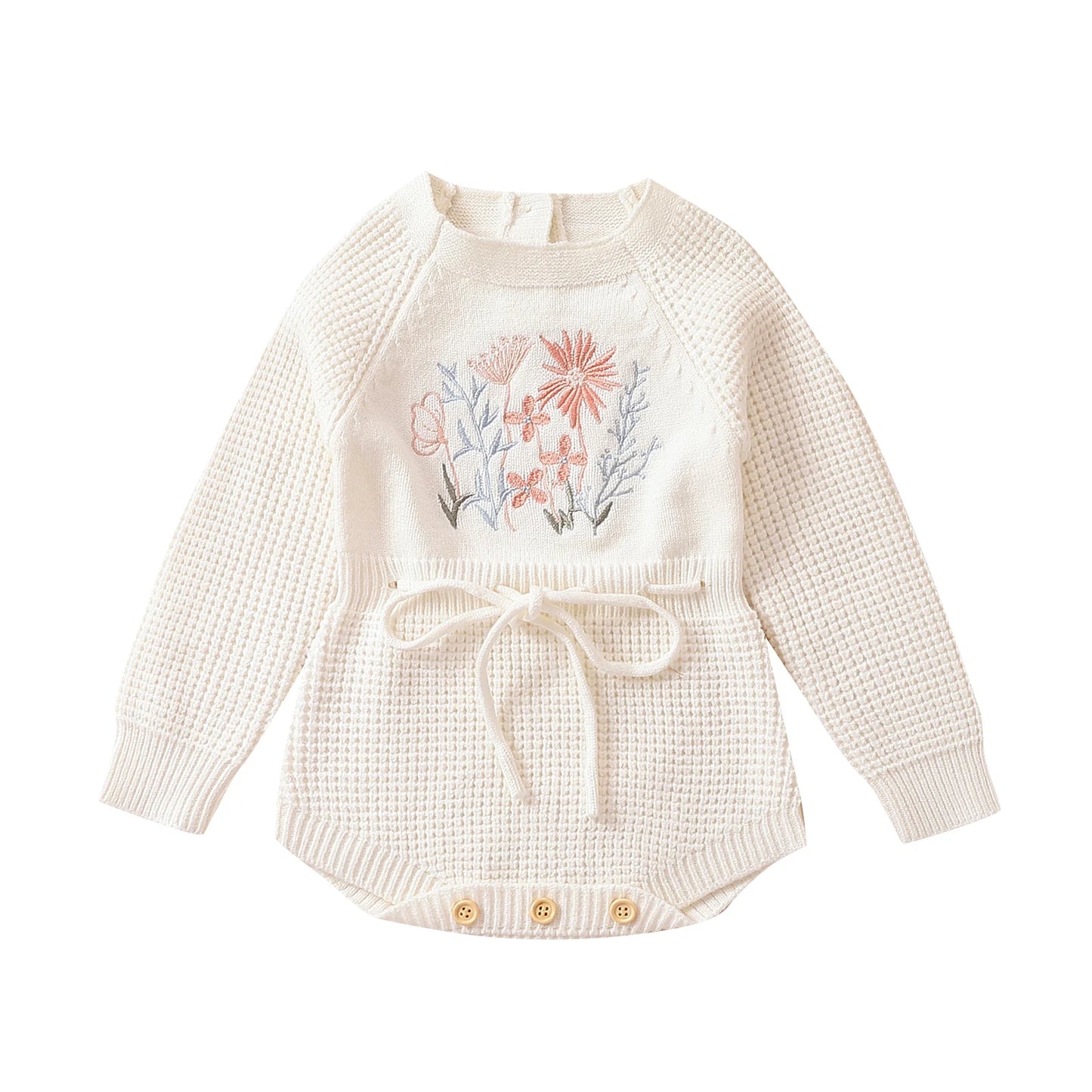 Pudcoco Infant Baby Girl Knit Jumpsuit Flower Embroidery Long Sleeve Drawstring Waist Romper for Autumn 0-24M