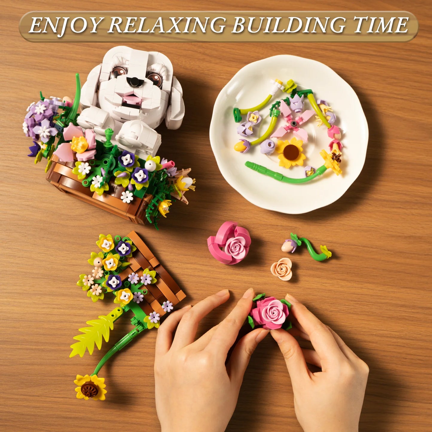 Adorable Dogs Bouquet Succulent Building Blocks Set Dogs Artificial Flowers Bonsai Creative Plants and Animals Toys for Kids