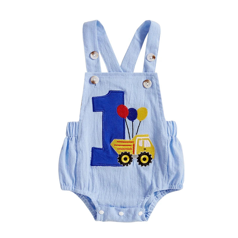 Infant 1st Birthday Denim Jumpsuit with Number Embroidery and Sleeveless Design Square Neck Baby Romper Bodysuit