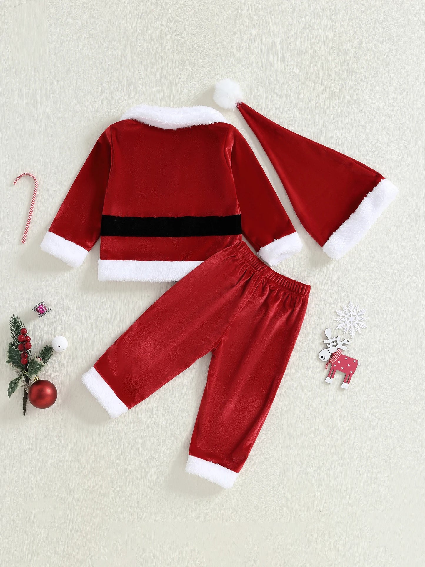 Children s Christmas Santa Velvet Outfit with Reindeer Design Long Sleeve Collar Coat Elastic Waist Pants and Matching Hat -