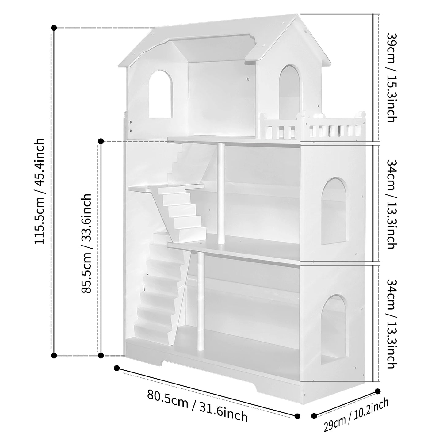 Wooden Dollhouse Bookshelf 3-Tier Doll House Bookcase Kids Books Toys Dolls Storage Organizer Shelves for Children's Bedroom