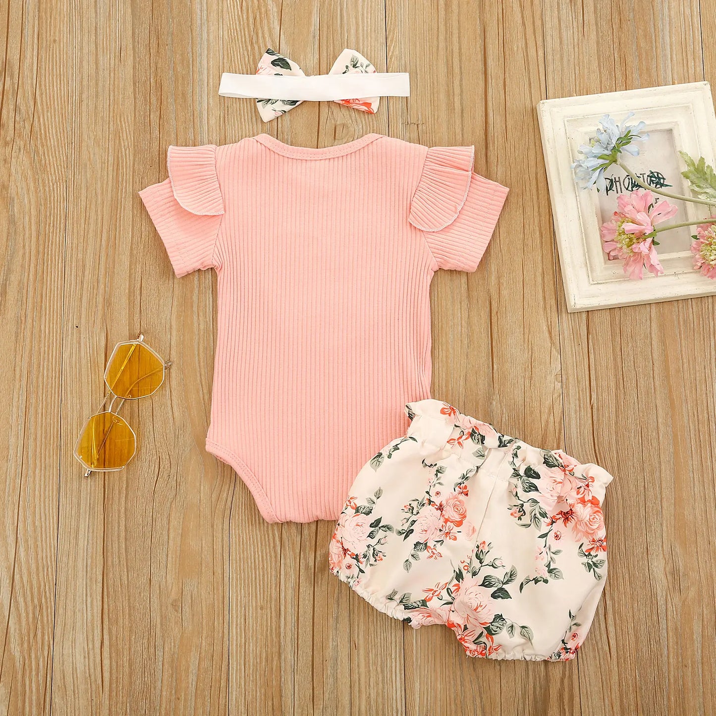 Citgeett Summer Baby Girl Clothes Set Ruffle Short Sleeve Knit Romper + Floral Shorts + Headband Sweet Set