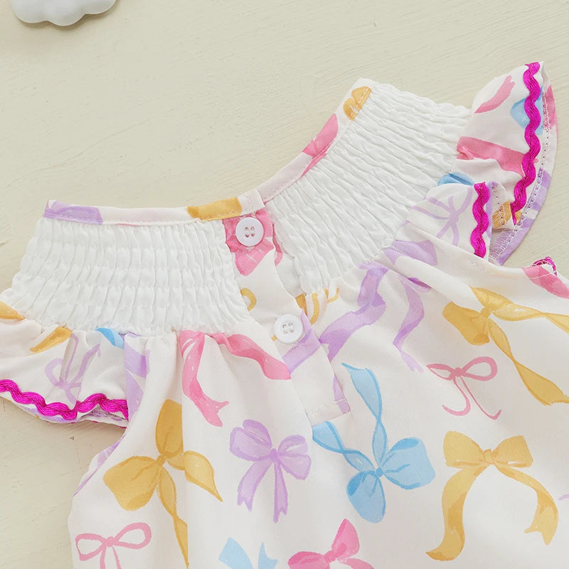 Toddler Girl Floral Print Sleeveless Romper with Ruffle Detail and Bow Accent Round Neck Smocked Bodysuit Little Princess
