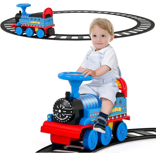 Ride On Train with Tracks 6V Battery Powered Electric Ride On Toy for 16 PCS Tracks Flashing Lights and Music Storage Seat Play