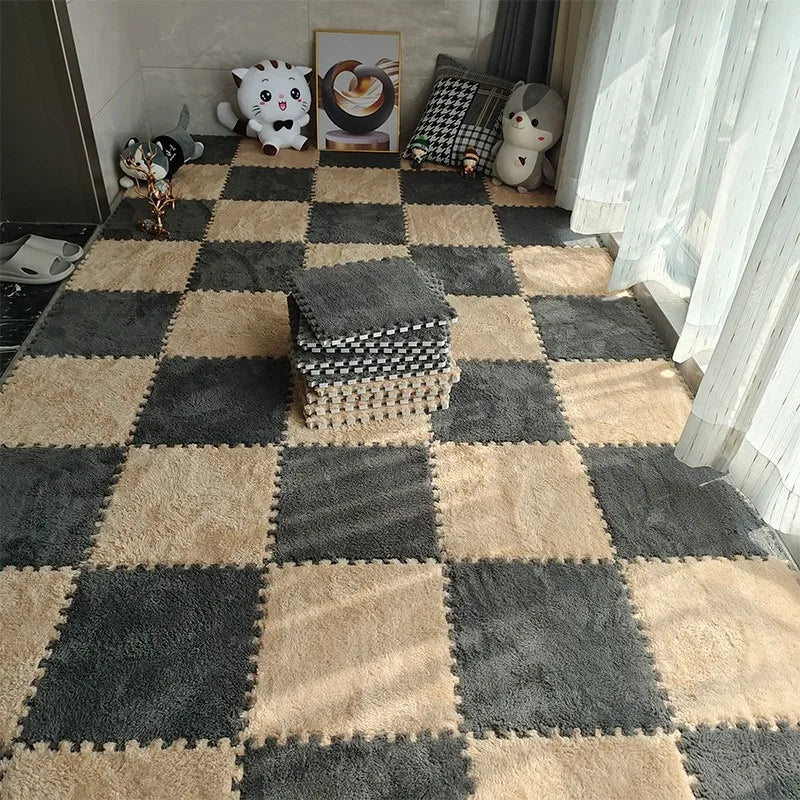 48PCS Dual-Color Interlocking Bedside Carpet Tiles for Bedroom Bay Window Mats Insta-Style Foam Pads - Cuttable & Washable