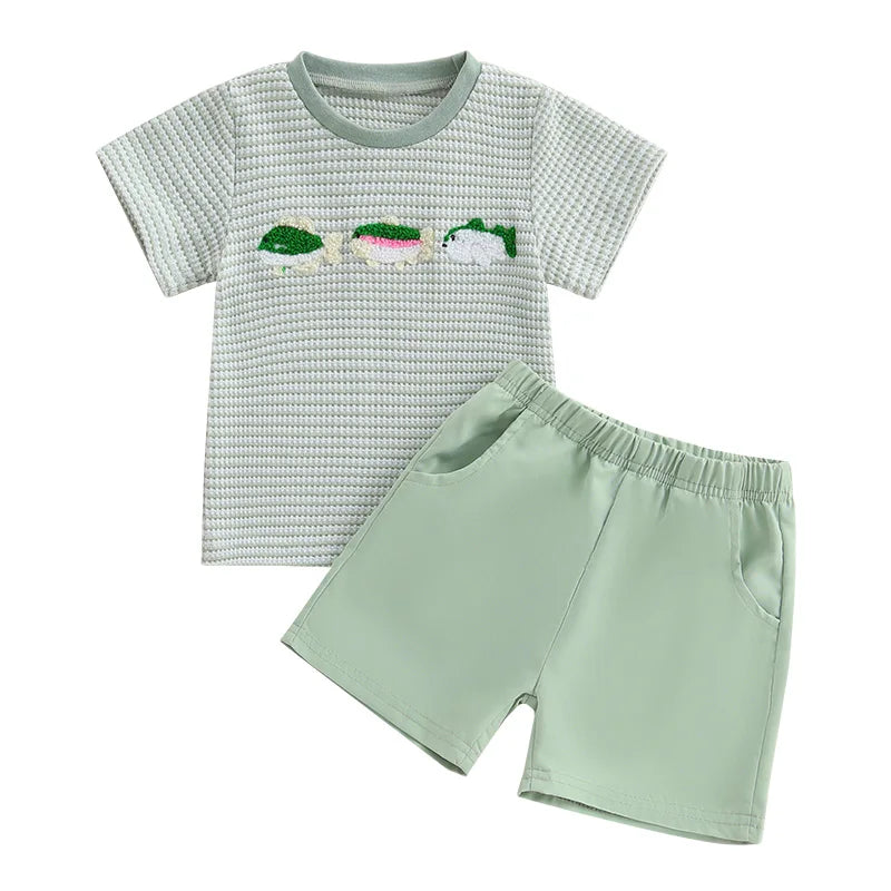 2024-12-17Lioraitiin Toddler Baby Boy Shorts Set Fish/Duck Embroidery Short Sleeve T-shirt Solid/Plaid Shorts 2 Piece Summer Set