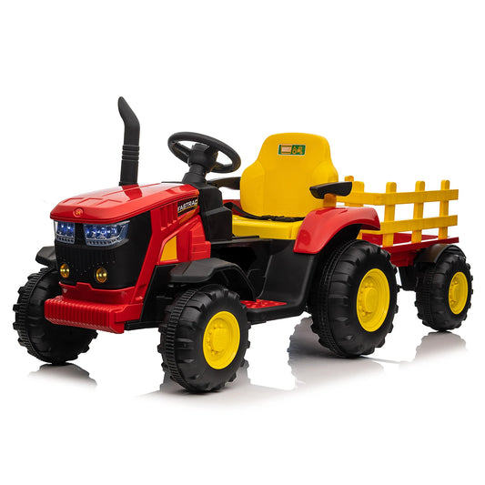 Ride-on Tractor for Kids with Detachable Trailer,12v, Remote Control, LED Headlights, USB Music, 7Ah Battery, Dual 35w Motors