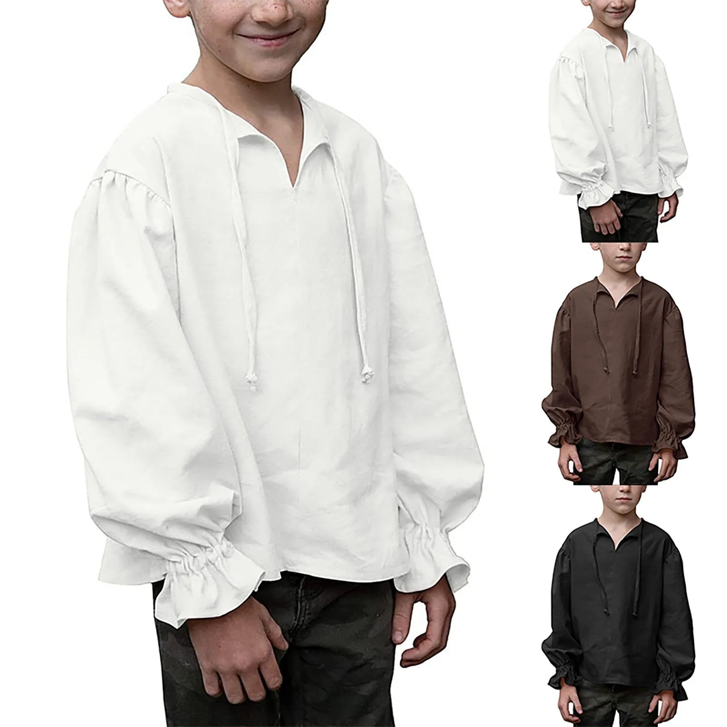 Boys Medieval Dress Shirt For Kids Medieval Ruffled Long Sleeves Cotton O-Neck T Shirts Children