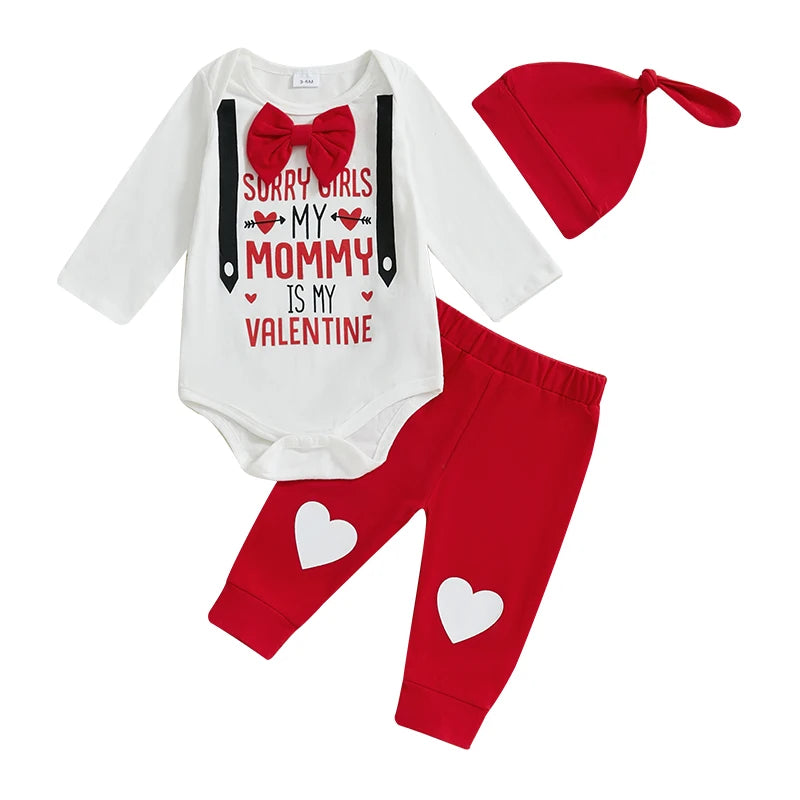 Valentine s Day Baby Boy 3-Piece Set Long Sleeve Romper Heart Pants and Hat with Letter Print Design