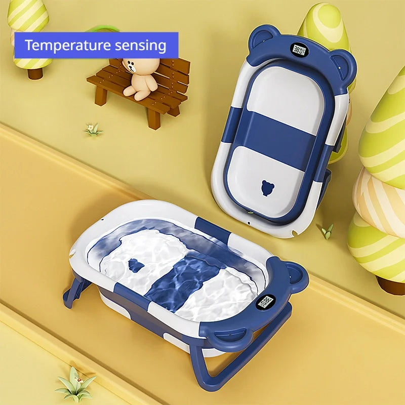Folding Baby Bath Tub with Temperature Gauge and Cushion for 0-36 Months, Portable and Lightweight for Outdoor Bathing
