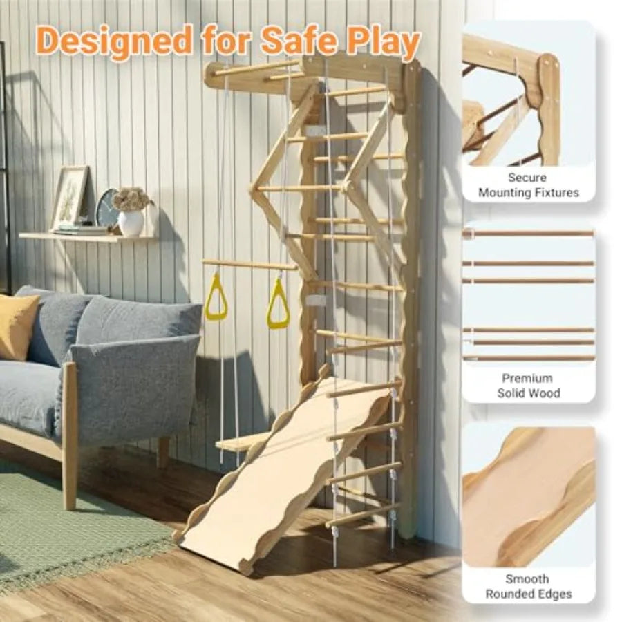 5in1 Wooden Indoor Jungle Gym for WallMounted Swedish Ladder with PullUp Bar Rings Swing and Slide MontessoriInspired Playset f