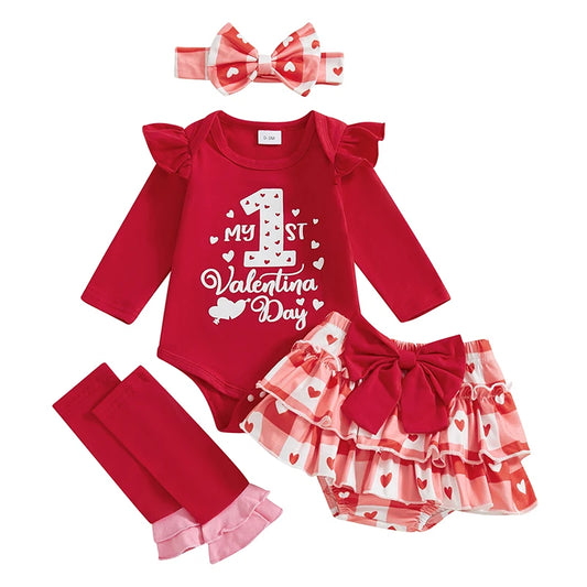 Baby Boy 1st Valentine Outfit Letter Print Long Sleeve Romper with Heart Print Pants and Bow Tie Headband Socks Set