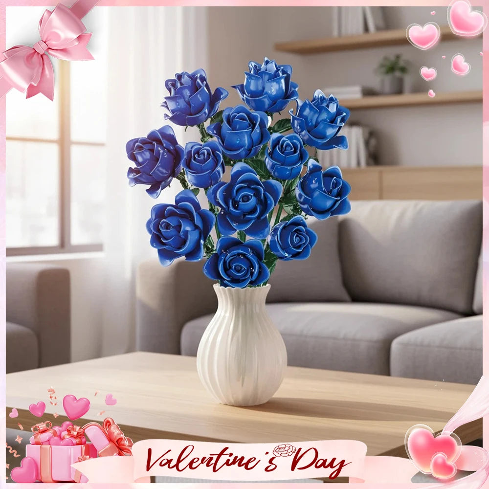 Elegant Blue Roses Bouquet Eternal Building Blocks 585 PCS Valentine's Day Girlfriend DIY Gift MOC Home Decor Ornaments Kids Toy
