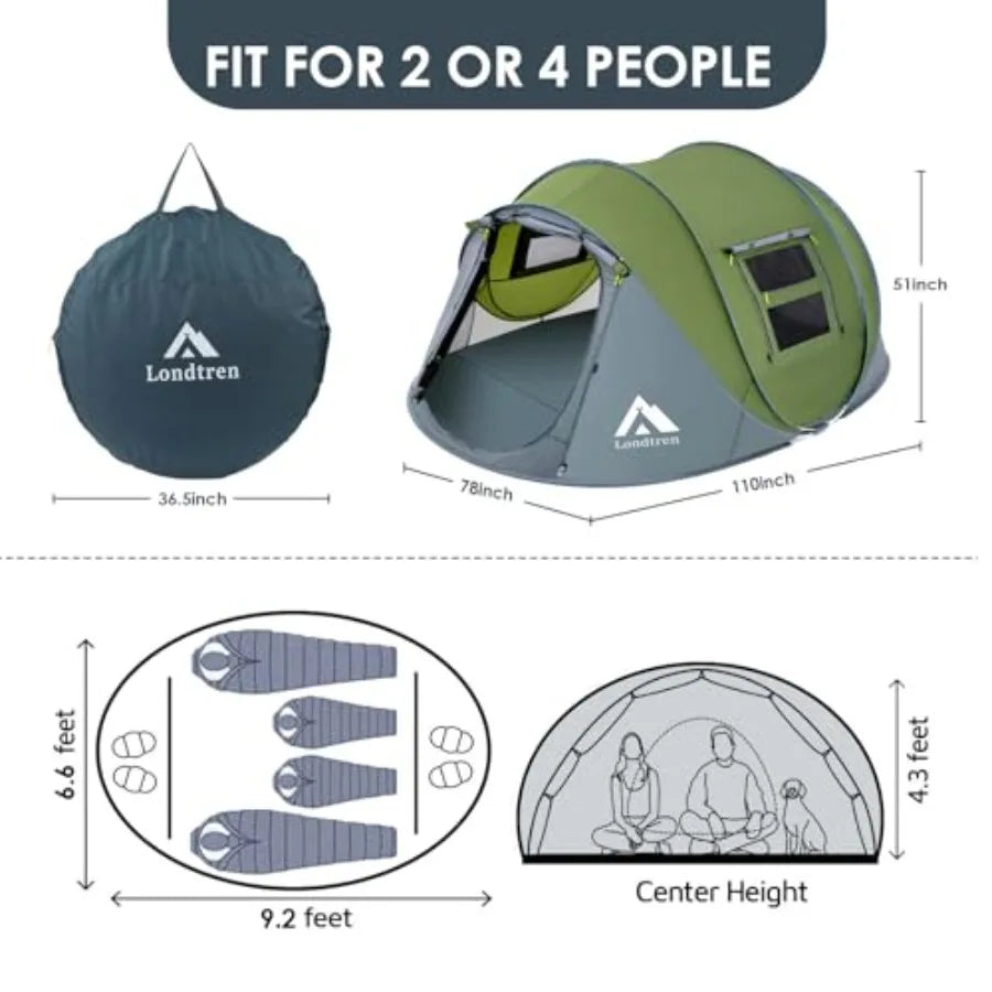 4 Person Easy Pop Up Tent Waterproof Automatic Setup 2 DoorsInstant Family Tents for Camping Hiking Traveling