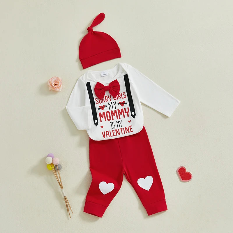 Valentine s Day Baby Boy 3-Piece Set Long Sleeve Romper Heart Pants and Hat with Letter Print Design