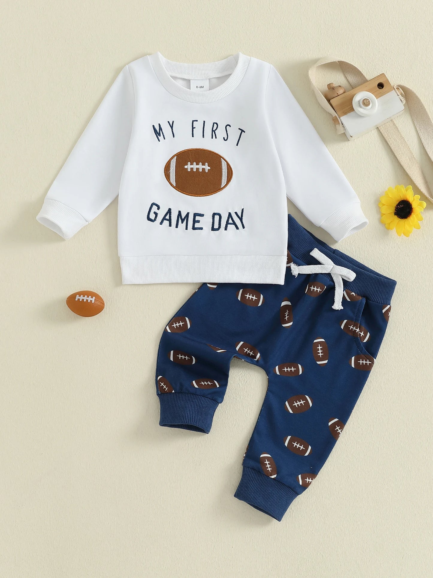 Baby Boy Autumn Clothes Set Letter Print Long Sleeve Round Neck Pullover Elastic Waist Football Pattern Pants 2 Piece Outfit