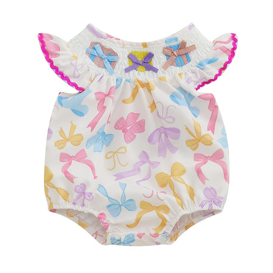 Toddler Girl Floral Print Sleeveless Romper with Ruffle Detail and Bow Accent Round Neck Smocked Bodysuit Little Princess