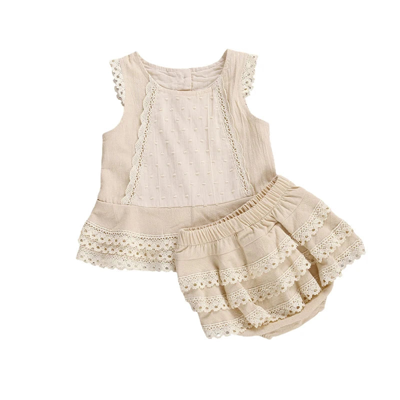 Lioraitiin 0-4Years Toddler Baby Girl Summer Clothing Set Sleeveless Lace Pacthwork Solid Top Shorts 2Pcs Outfit