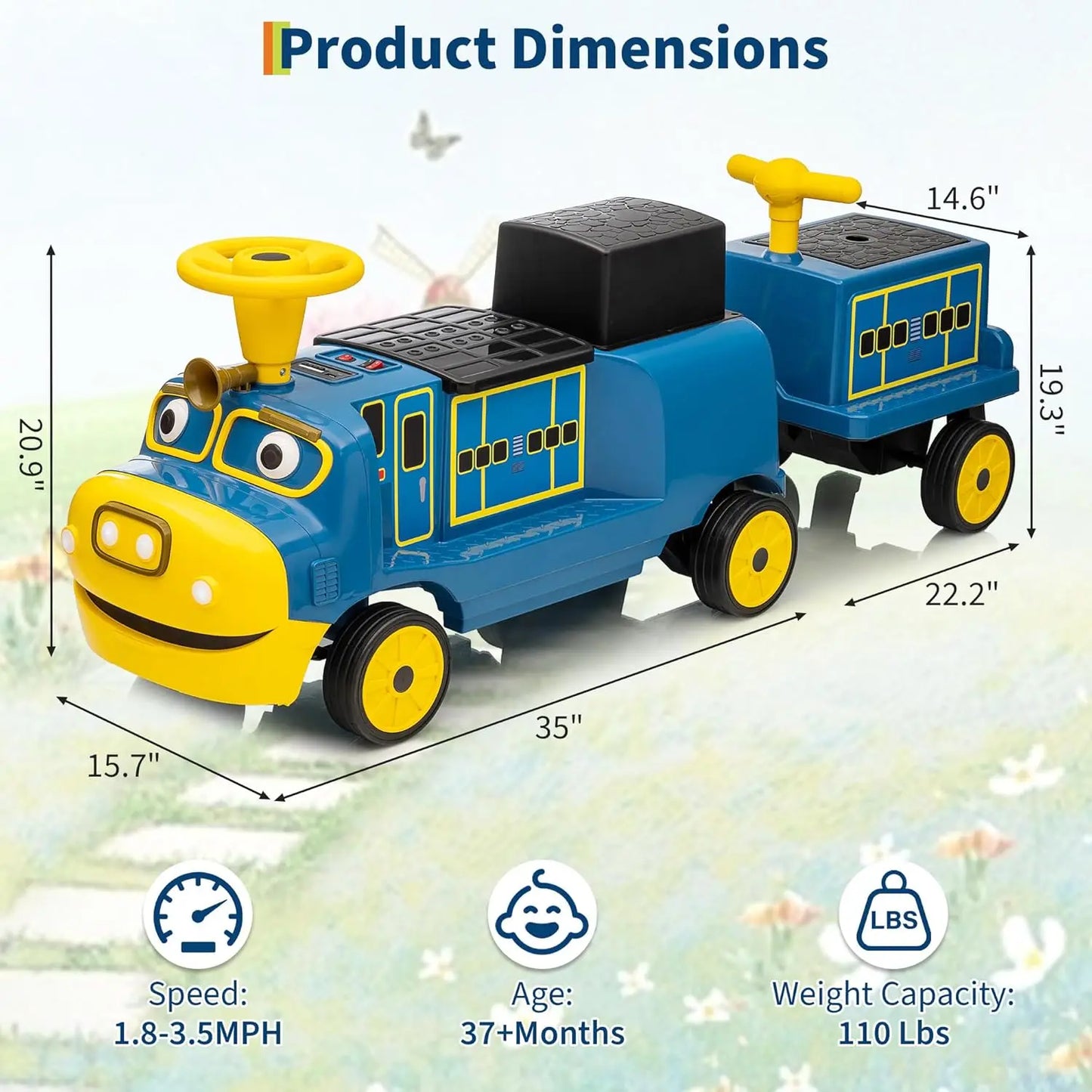 2 Seater Ride On Train Trackless, 12V Kids Ride On Toy with Height Adjustable Seat, Storage Space, Carrige for Toddlers 3+