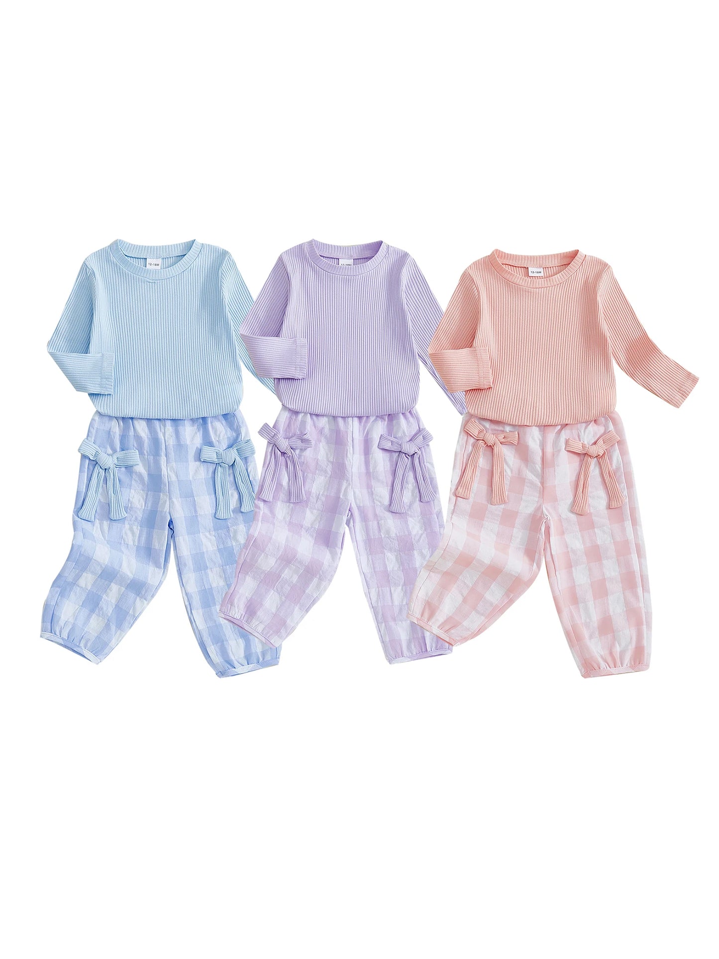 Adorable Baby Girl Autumn Ensemble Cozy Ribbed Sweater and Plaid Pants with Cute Bow Details - 2 Piece Set for Toddlers