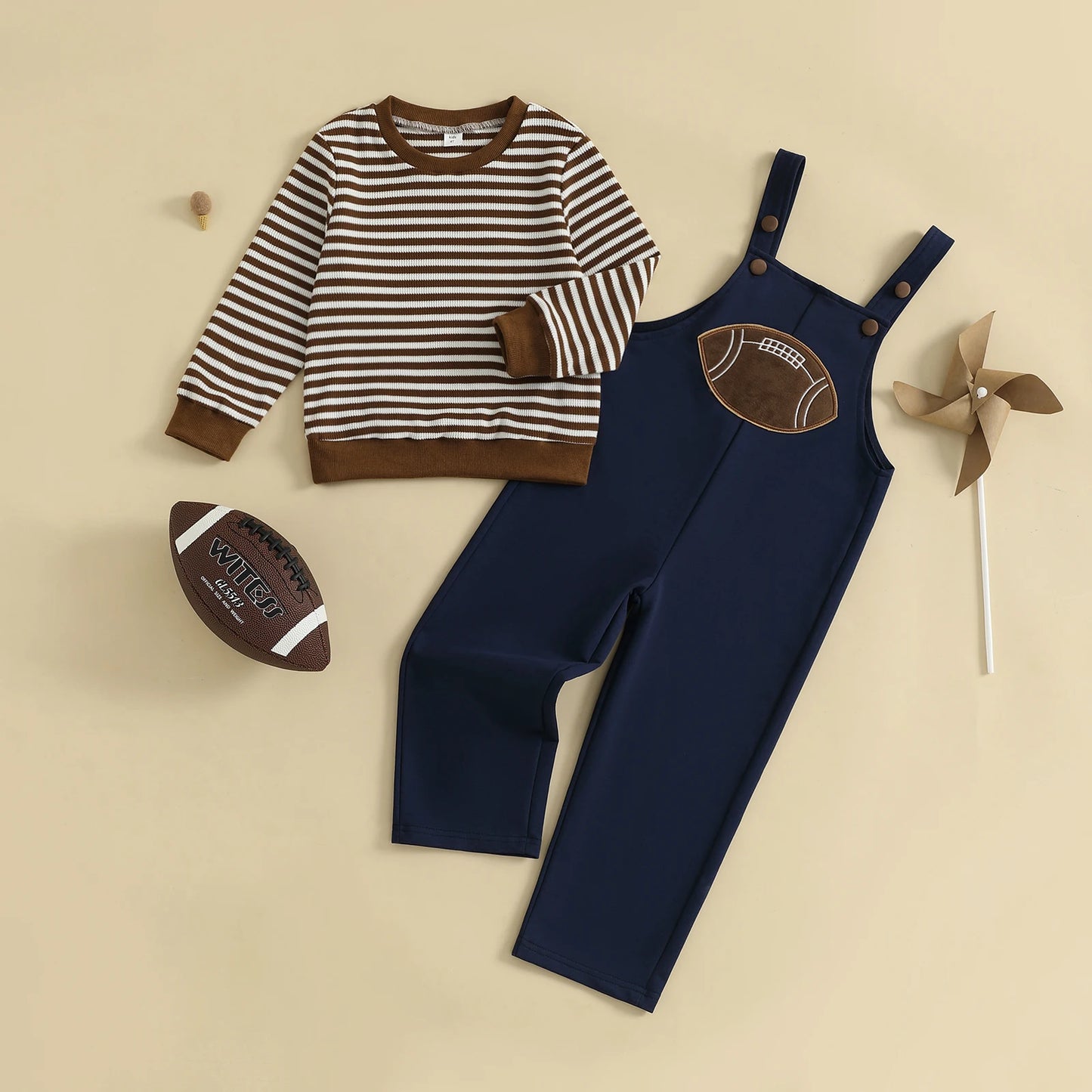 Baby Boy Autumn Clothing Set Striped Long Sleeve Sweater Round Neck Embroidered Overalls Pants 2-Piece Outfit