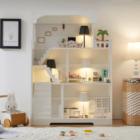 Wooden Dollhouse Bookshelf 3-Tier Doll House Bookcase Kids Books Toys Dolls Storage Organizer Shelves for Children's Bedroom