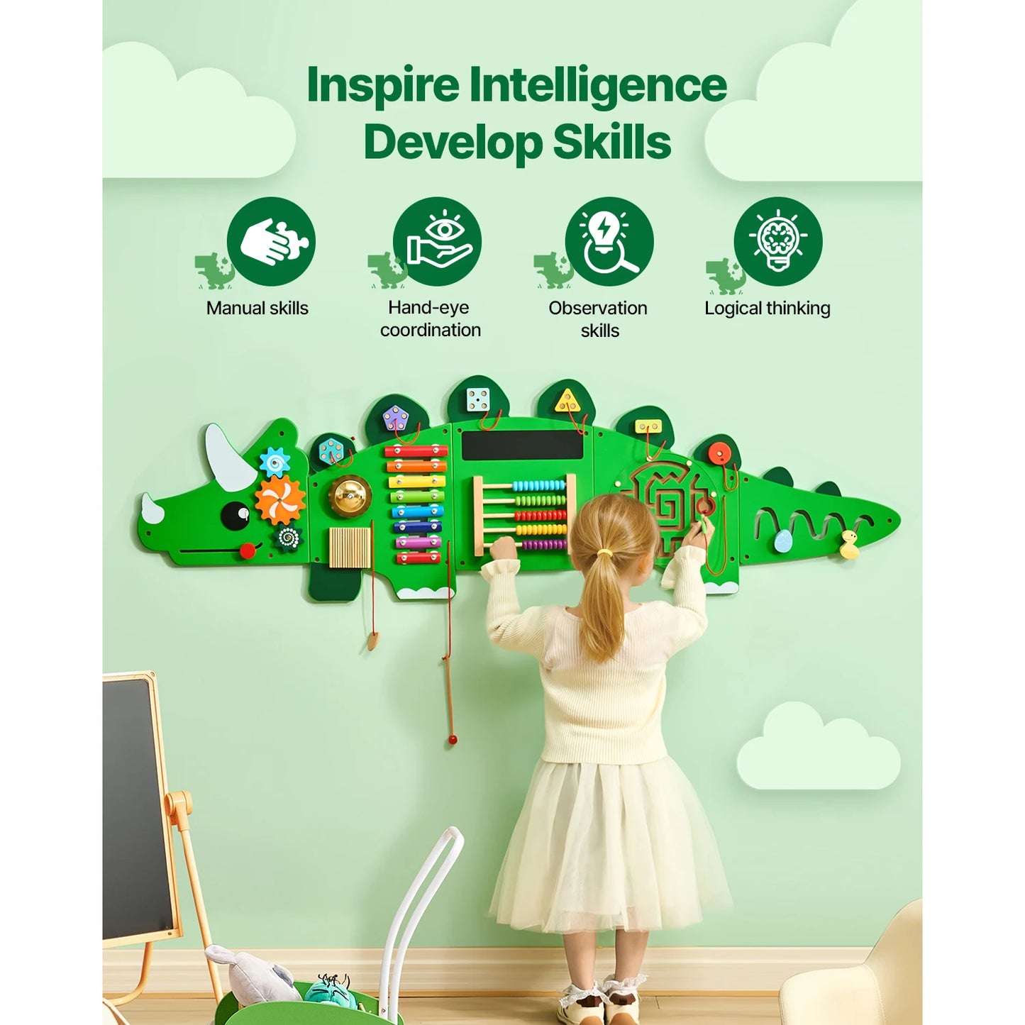VEVOR Dinosaur Kids Busy Wall Board 11 Activity Panels Montessori Sensory Learning Toys for 3-12 Years Toddler Playroom Toy Gift