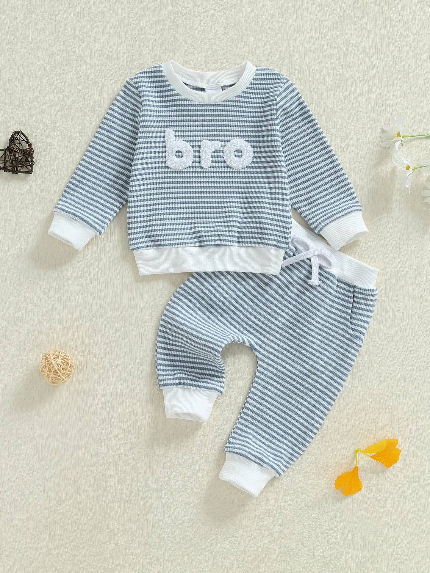 Infant Stylish Striped Ensemble Adorable Sweatshirt and Trousers 2 Piece Autumn Clothing Set with Embroidered Words