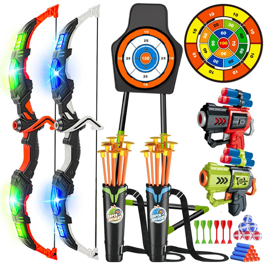 VATOS 2X Bow Arrow + Guns Toy For Kids Night-Light Archery Stand Target Board Indoor Outdoor Game Toys Boys Girls Christmas Gift