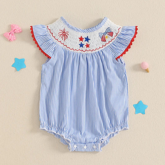 2025-02-21 Lioraitiin Baby Girls Romper Fly Sleeve Crew Neck Stripes Embroidery Stars Bow Infant Bodysuit 4th of July Clothing