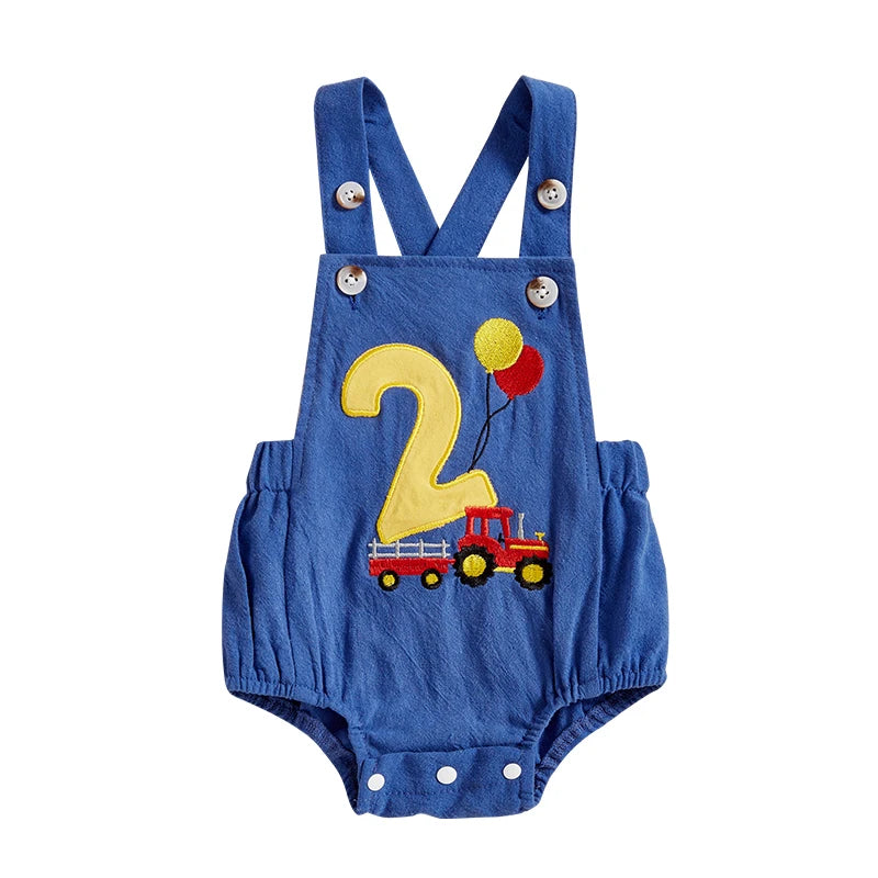 Infant 1st Birthday Denim Jumpsuit with Number Embroidery and Sleeveless Design Square Neck Baby Romper Bodysuit