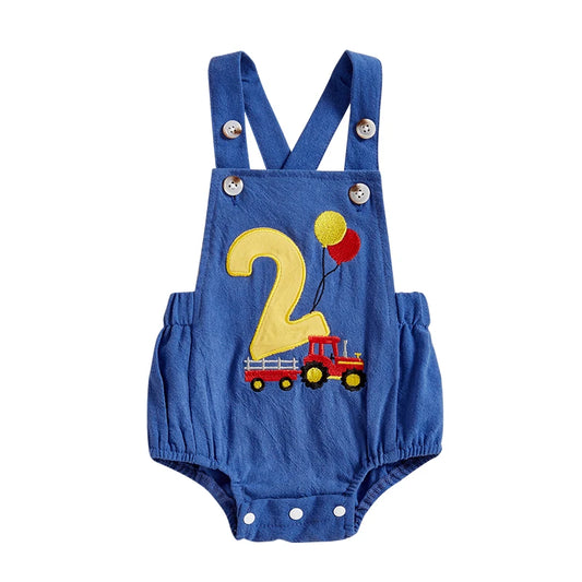 Infant 1st Birthday Denim Jumpsuit with Number Embroidery and Sleeveless Design Square Neck Baby Romper Bodysuit