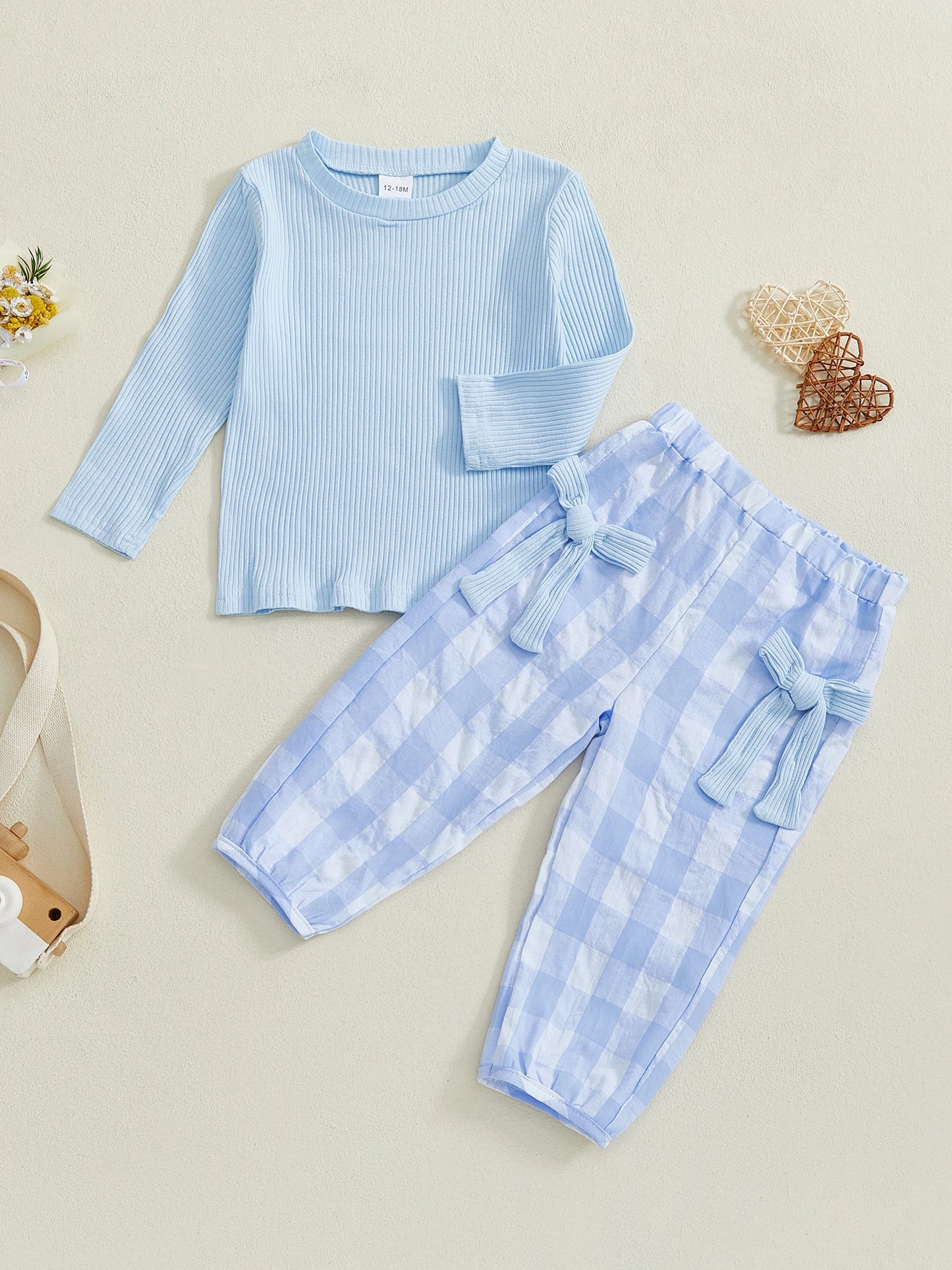 Adorable Baby Girl Autumn Ensemble Cozy Ribbed Sweater and Plaid Pants with Cute Bow Details - 2 Piece Set for Toddlers