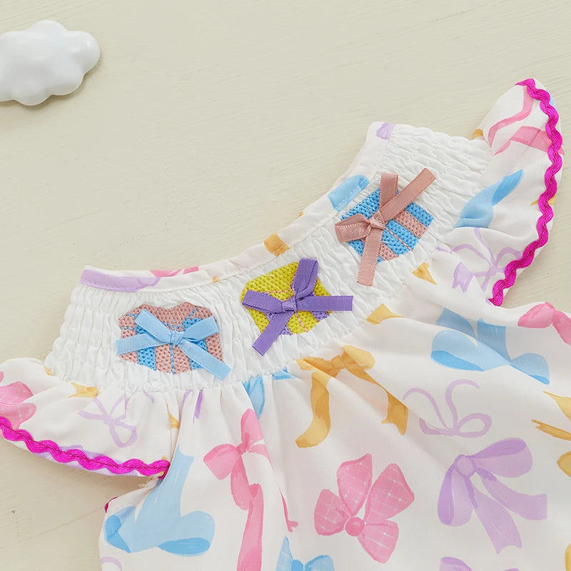 Toddler Girl Floral Print Sleeveless Romper with Ruffle Detail and Bow Accent Round Neck Smocked Bodysuit Little Princess