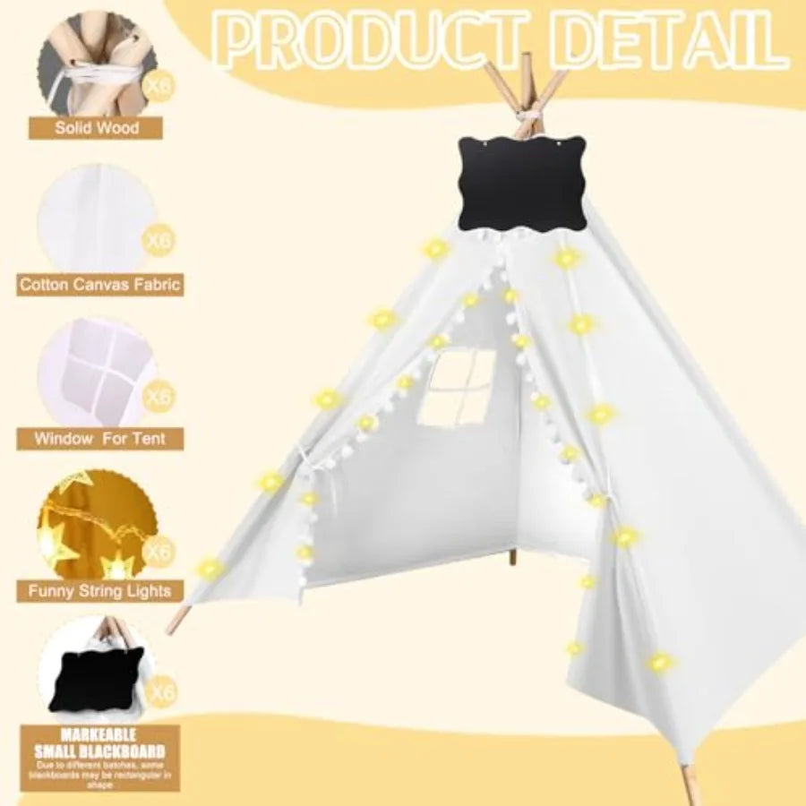 6 Packs Teepee Tent for with 10FT String Lights Indoor Outdoor Play Teepee Tent for Girls and Boys Foldable Tents for Birthday