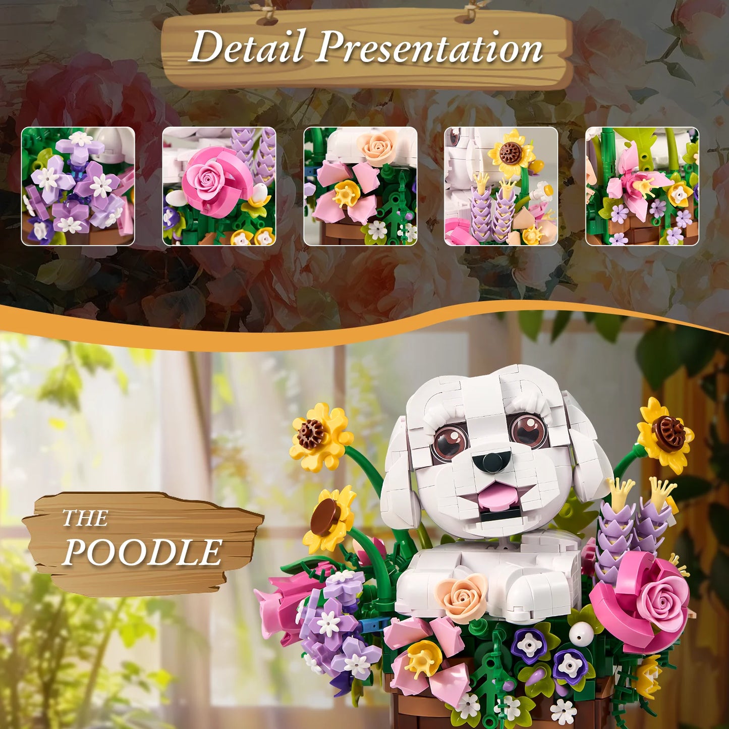 Adorable Dogs Bouquet Succulent Building Blocks Set Dogs Artificial Flowers Bonsai Creative Plants and Animals Toys for Kids