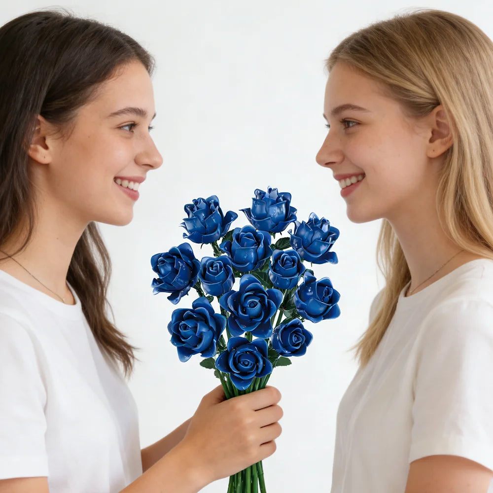 Elegant Blue Roses Bouquet Eternal Building Blocks 585 PCS Valentine's Day Girlfriend DIY Gift MOC Home Decor Ornaments Kids Toy