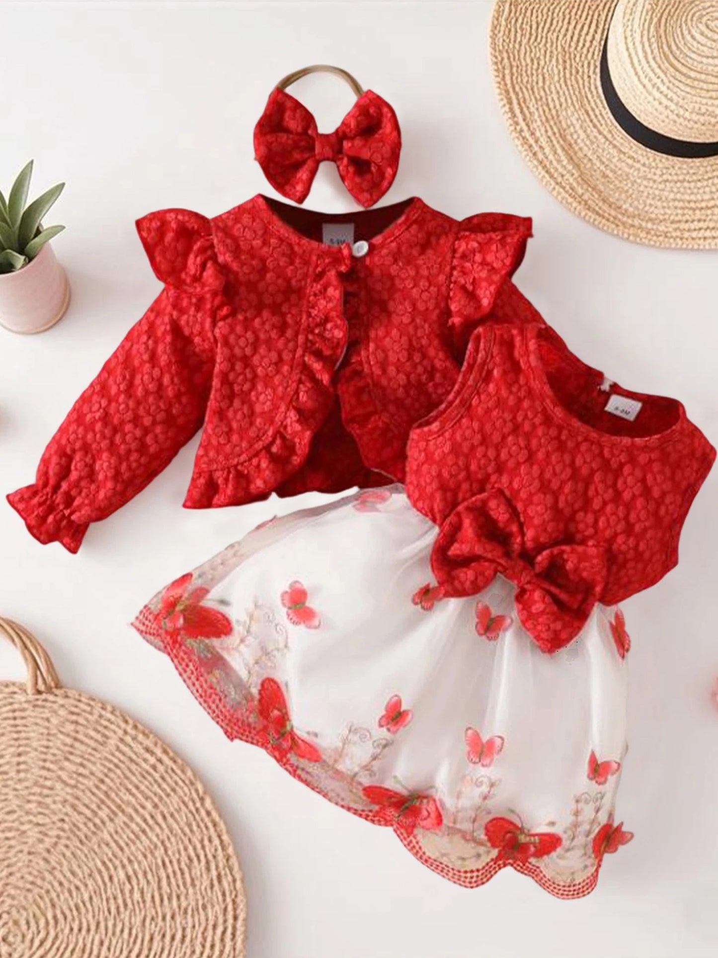 Baby Girl Autumn Outfits Floral Print Ruffle Sleeve Romper Long Sleeve Cardigan Bow Headband 3Pcs Clothing Set