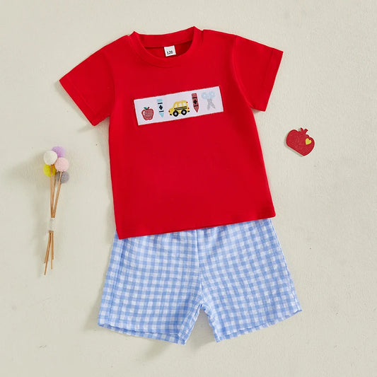 Boys Summer Outfit Set with Short Sleeve O Neck Embroidered Top and Plaid Shorts for a Stylish Look