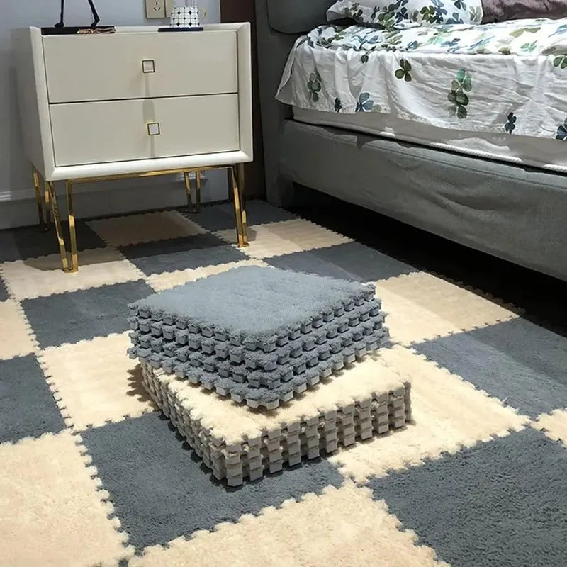 48PCS Dual-Color Interlocking Bedside Carpet Tiles for Bedroom Bay Window Mats Insta-Style Foam Pads - Cuttable & Washable