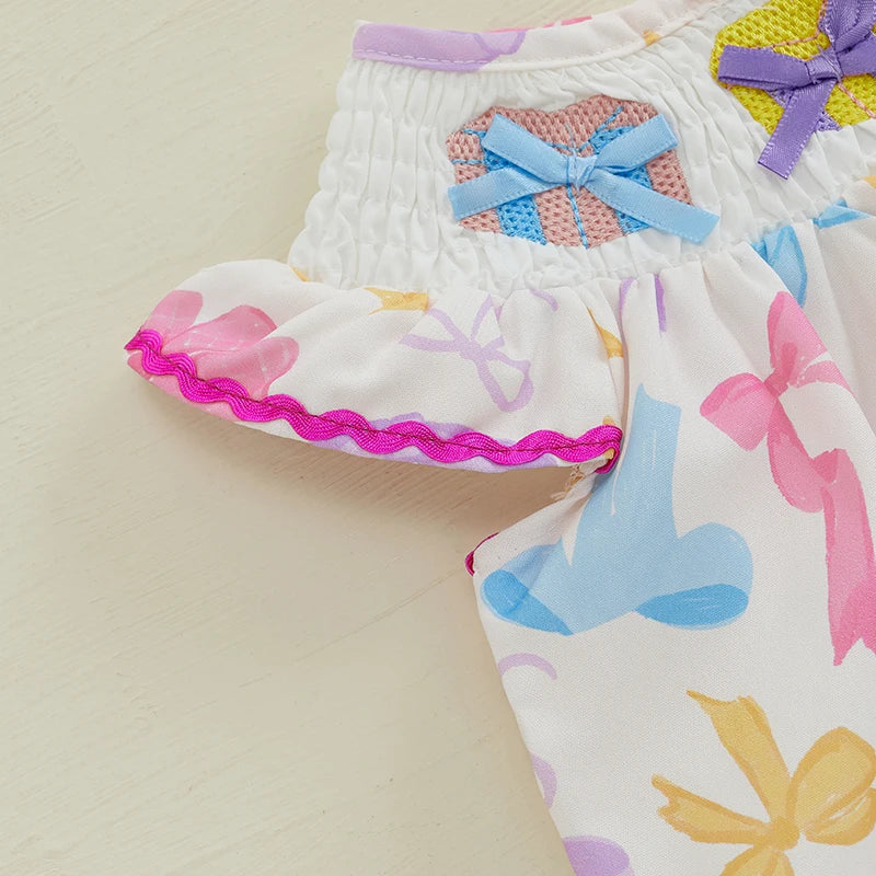 Toddler Girl Floral Print Sleeveless Romper with Ruffle Detail and Bow Accent Round Neck Smocked Bodysuit Little Princess