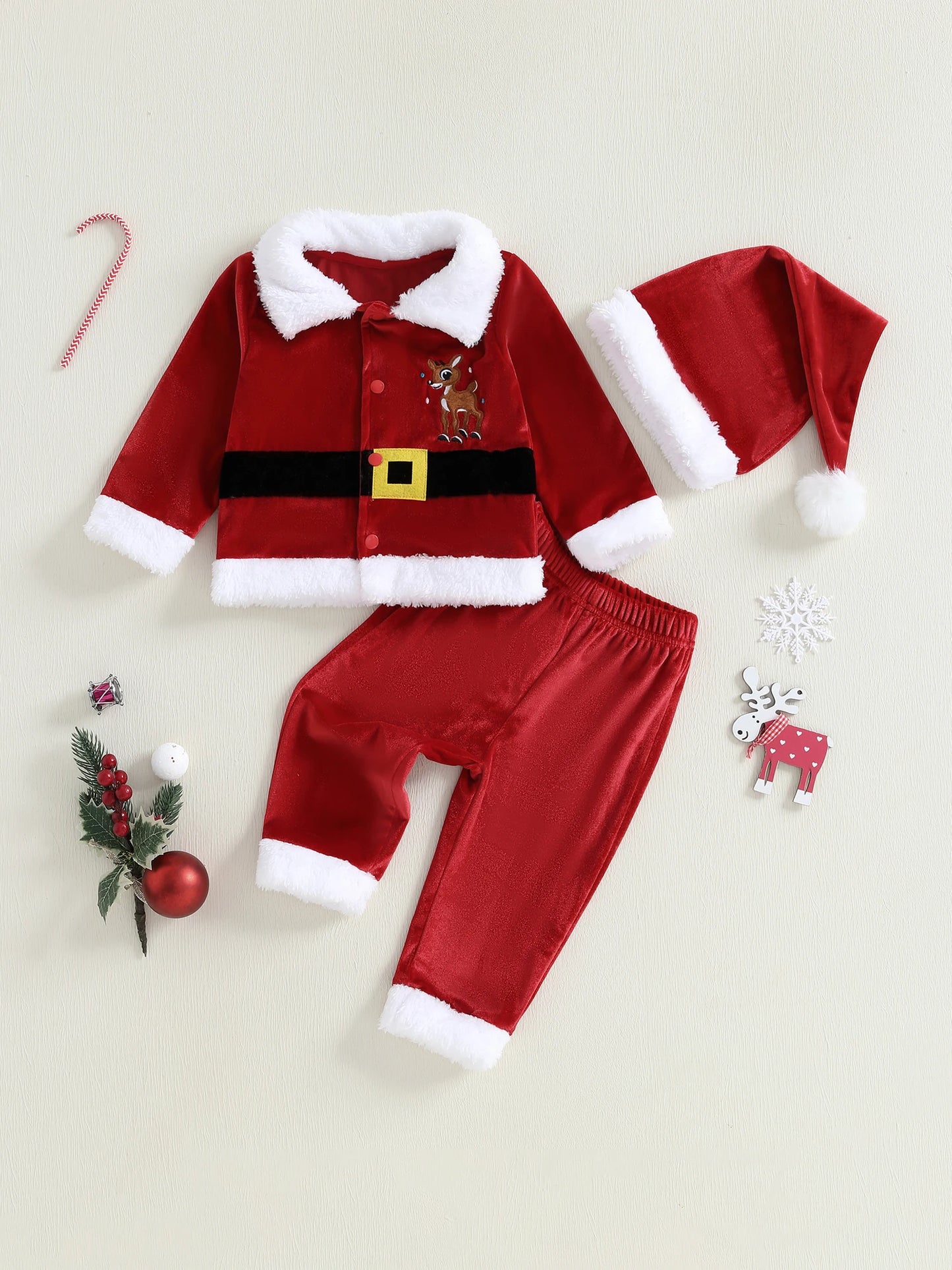 Children s Christmas Santa Velvet Outfit with Reindeer Design Long Sleeve Collar Coat Elastic Waist Pants and Matching Hat -
