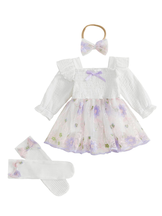 Infant With Headband Stockings Infant-Baby-Girl Romper Fashion Dress-Fashion-Flower Embroidery Infant Baby Girl