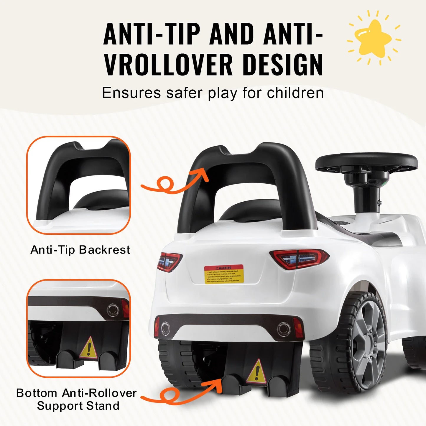 SucceBuy White/Pink Ride On Push Car Classic Kids Ride On Sports Toy Car with Music Steering Wheel for Toddlers Boys Girls